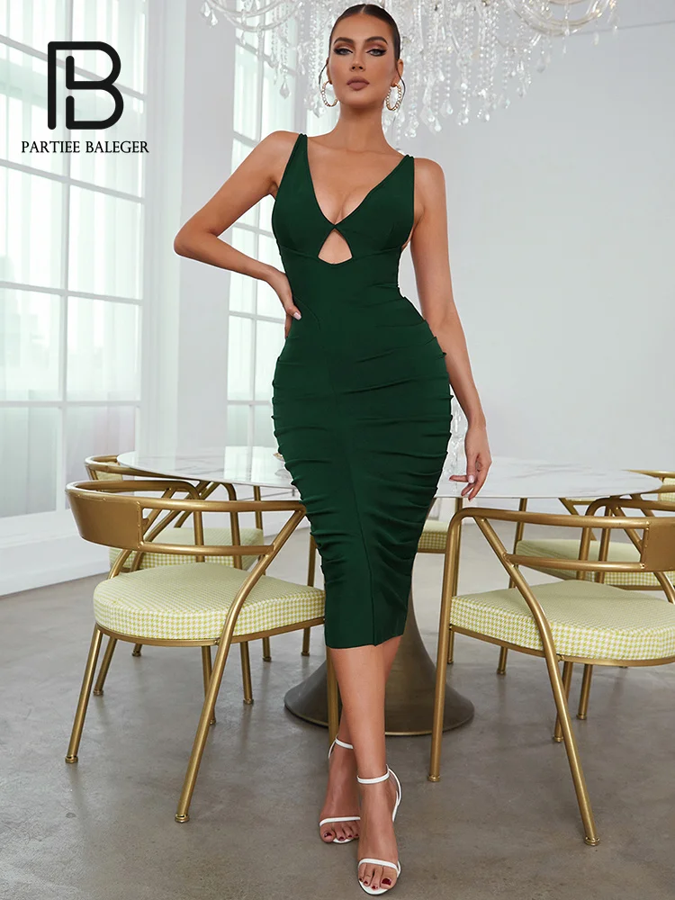 PB Women Summer Sexy V Neck Backless Key Hole Green Draped Midi Elegant Evening Club Party Bodycon Bandage Dress Vestido