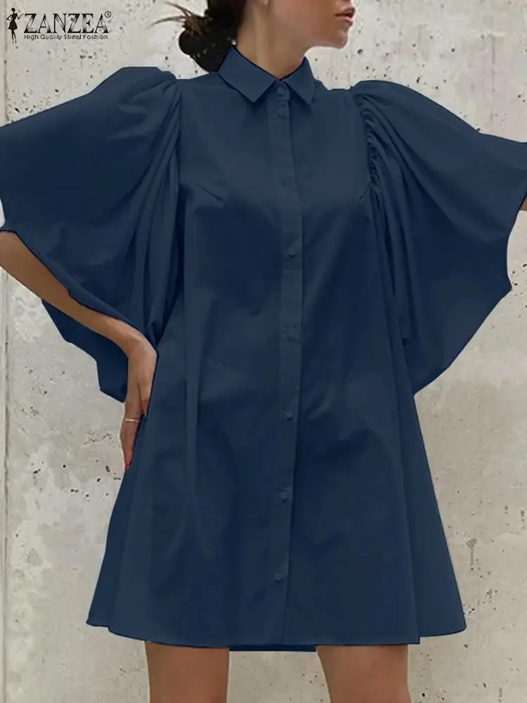 

ZANZEA Fashion 2023 Summer Robe Streetwear Women Shirtdress White Flare Sleeve Vestidos Buttons Elegant Yellow Lapel Mini Dress