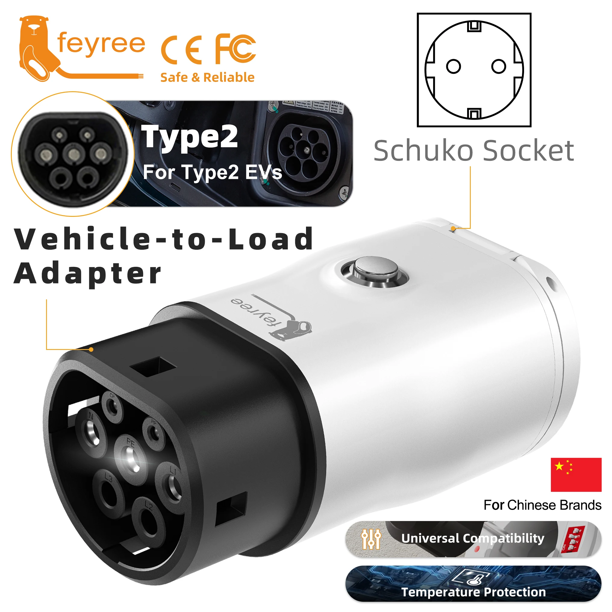 

Портативный адаптер Feyree Type2 V2L с переключателем регулировки мощности для китайского автомобиля электромобиля, разрядное устройство для кемпинга и использования на открытом воздухе