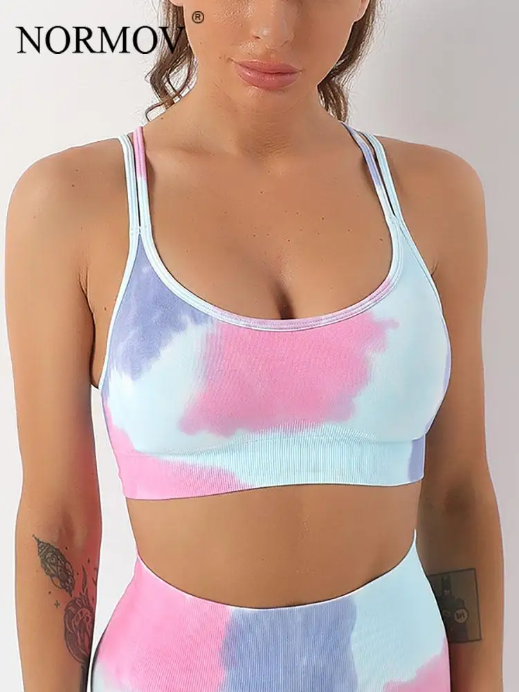 

NORMOV Bra Seamless Tie Dye Wireless Women Top Push Up Double Shoulder Straps Bras Female Fitness Casual Gym Workout Sport Bra