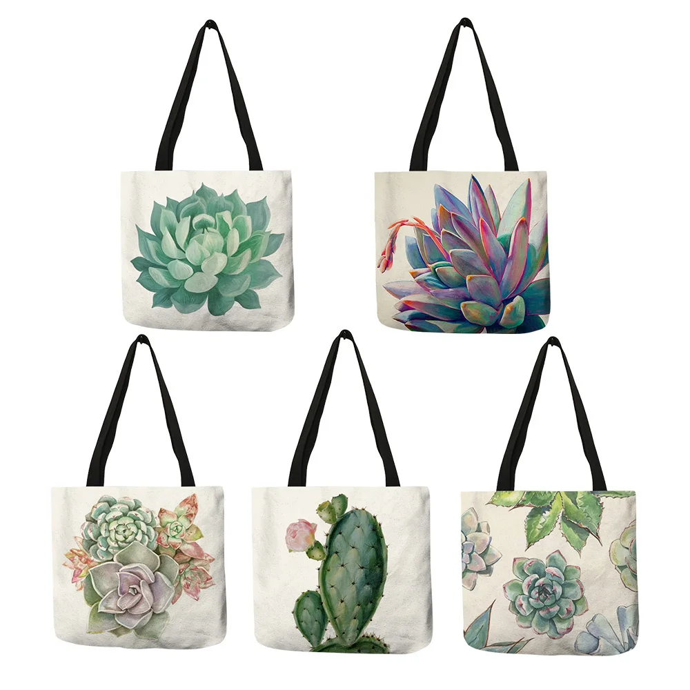 

Watercolor Tropical succulent Plants Print Linen Bag Floral Tote Bags For Women Folding Reusable Shopping Bags Traveling Bags