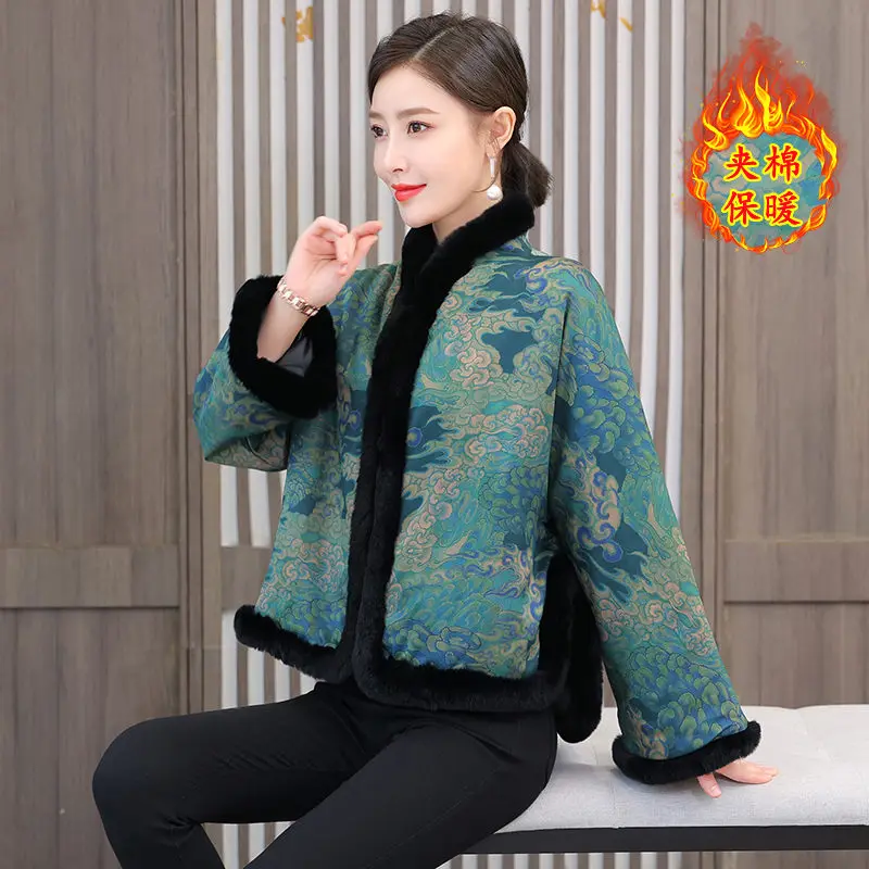 Vintage Fur Collar High End Chinese Style Clothes For Women Winter Printing Silk Cotton Jacket Padded Coat Short Parkas T750