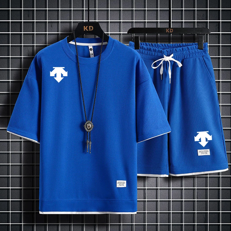 2023 Summer DESCENT Men's Two Piece Set Linen Fabric Casual T-Shirt + Shorts Set Mens Sports Suit Fashion Short Sleeve Tracksuit
