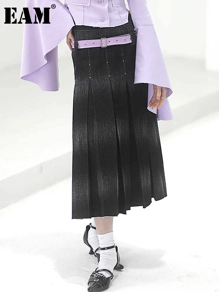

[EAM] High Waist Gray Color-block Pleated Rivet Long Elegant Half-body Skirt Women Fashion Tide New Spring Autumn 2023 1DF3013