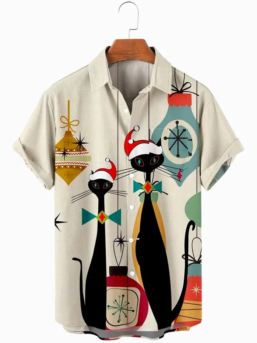 

Men's Christmas Cat Print Casual Breathable Short Sleeve Shirt