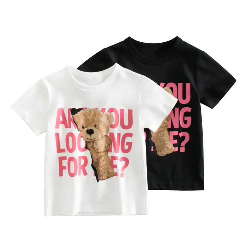 3-11y Kids T Shirts Summer Girls Short Sleeve O-neck Cartoon Bear Casual Letter Children Tops Tees T-Shirt Clothes H14