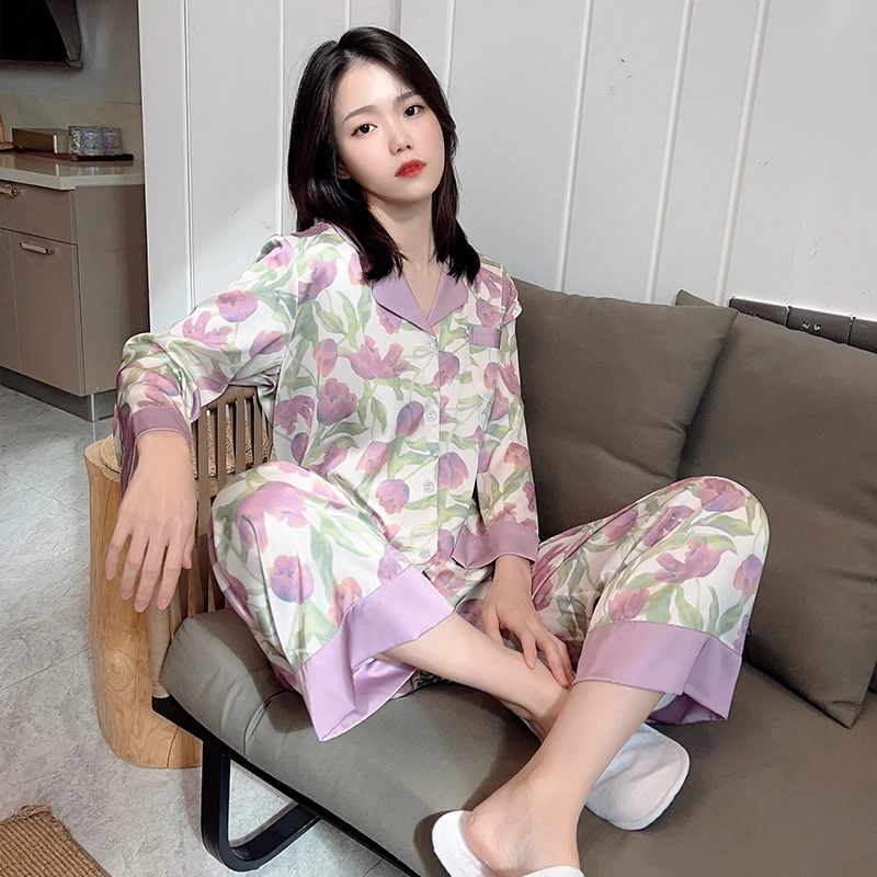 Spring and autumn simulation silk ice silk pajamas ladies tulip long-sleeved cardigan spring and summer home wear set