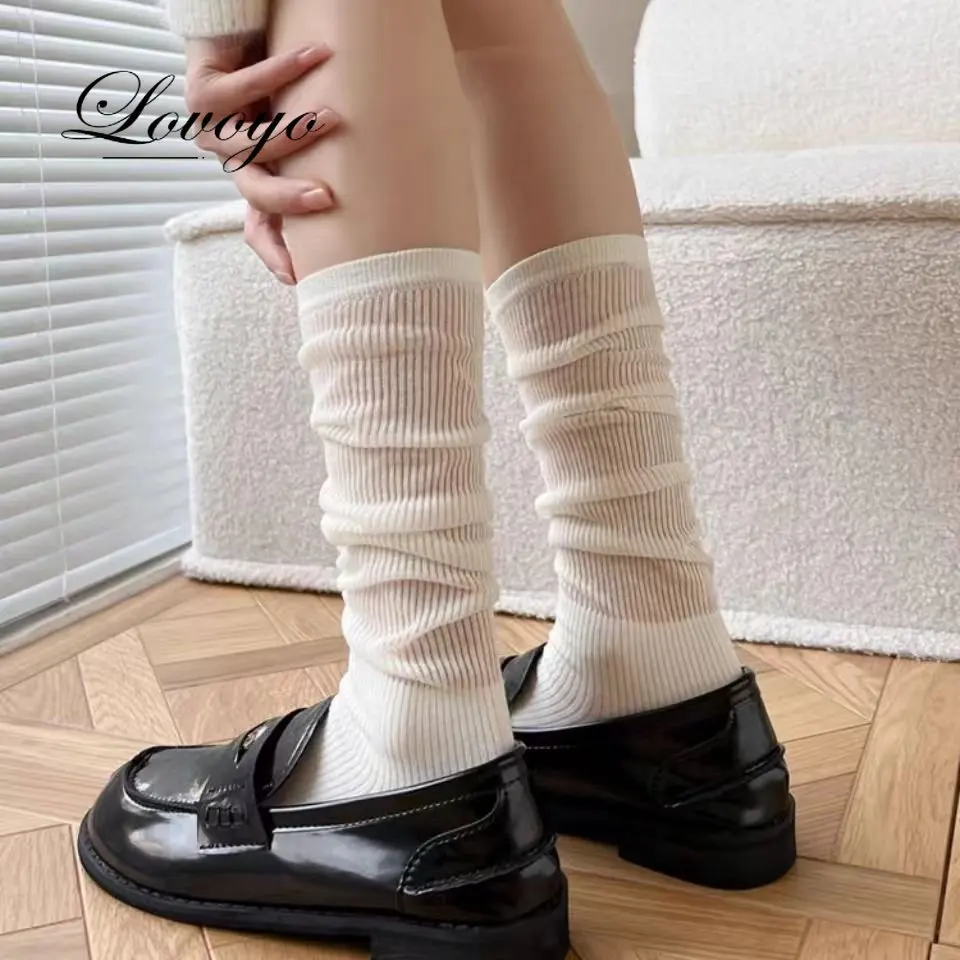 Solid Color Women Socks Summer Ultra-thin Transparent School Girls Loose Long Socks Hollow Out Mesh Breathable Black White Socks