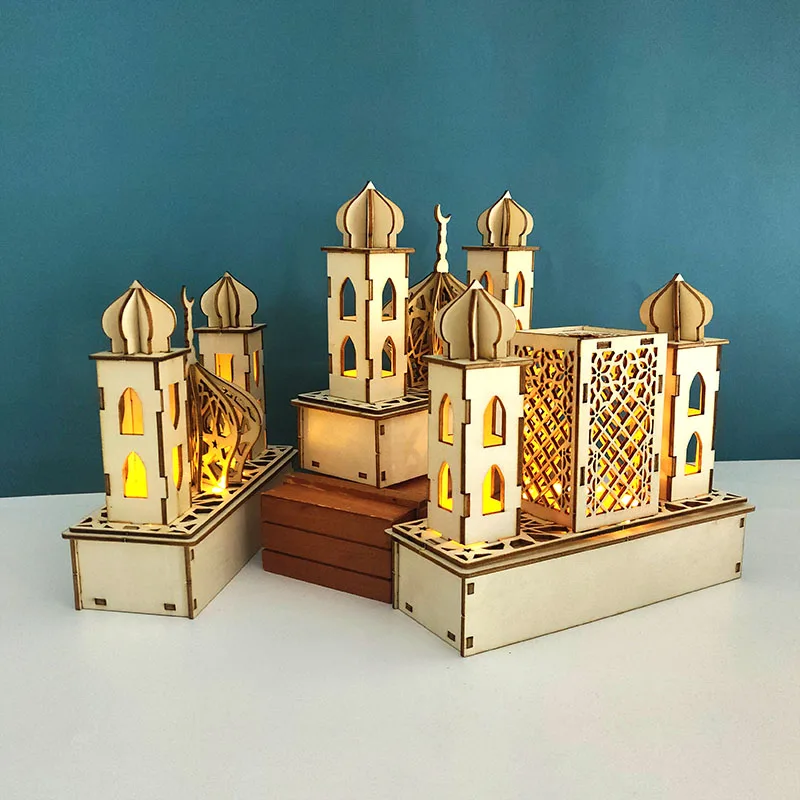 

2023 Ramadan Decorations Islamic Muslim Prayer Temple Ornament Wood LED Eid Mubarak Decorations for Home
