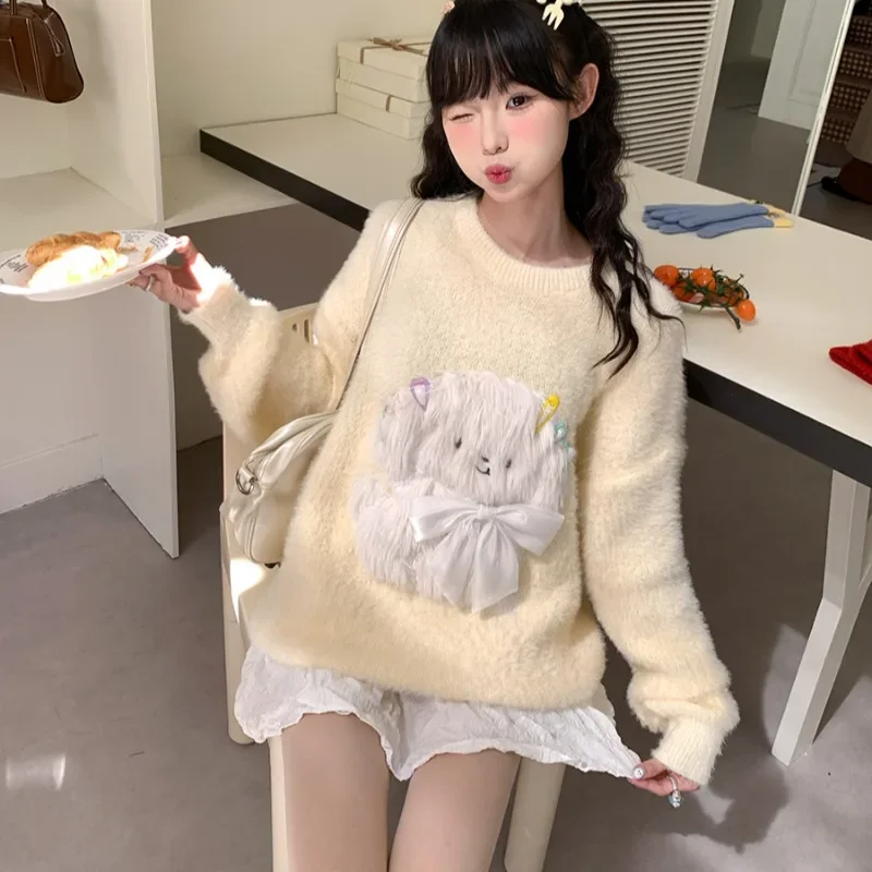 Pullovers Women Lovely Girls Korean Style Cartoon 3D Bow Chic Warm Autumn Winter Long Sleeve O-neck Loose College All-match Sute