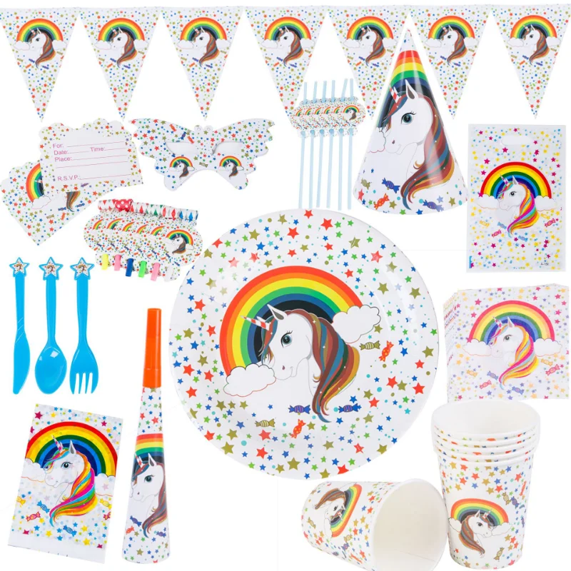 

High Quality Unicorn Disposable Tableware Unicorn Birthday Decorations Party Supplies Paper Plate Cups Napkins Baby Shower Gift