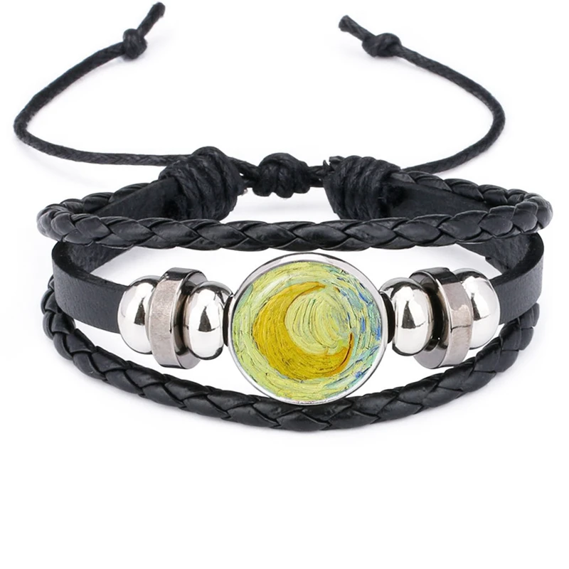 

New Retro Van Gogh Starry Sky Sunflower Works Glass Cabochon Snap Black Leather Bracelet Men's and Women's Gift Jewelry