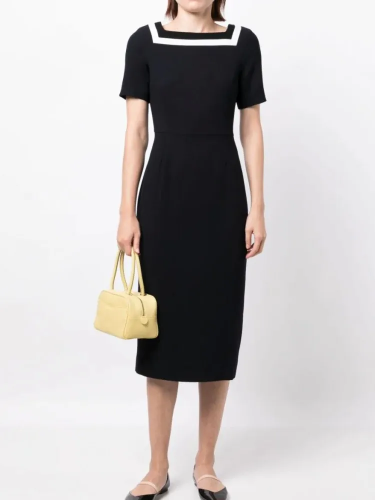 

Long Dresses Summer Short Sleeve Slim Fit Pencil Dress Women's Black Hip Package Square Collar White Strip Splicing Dress