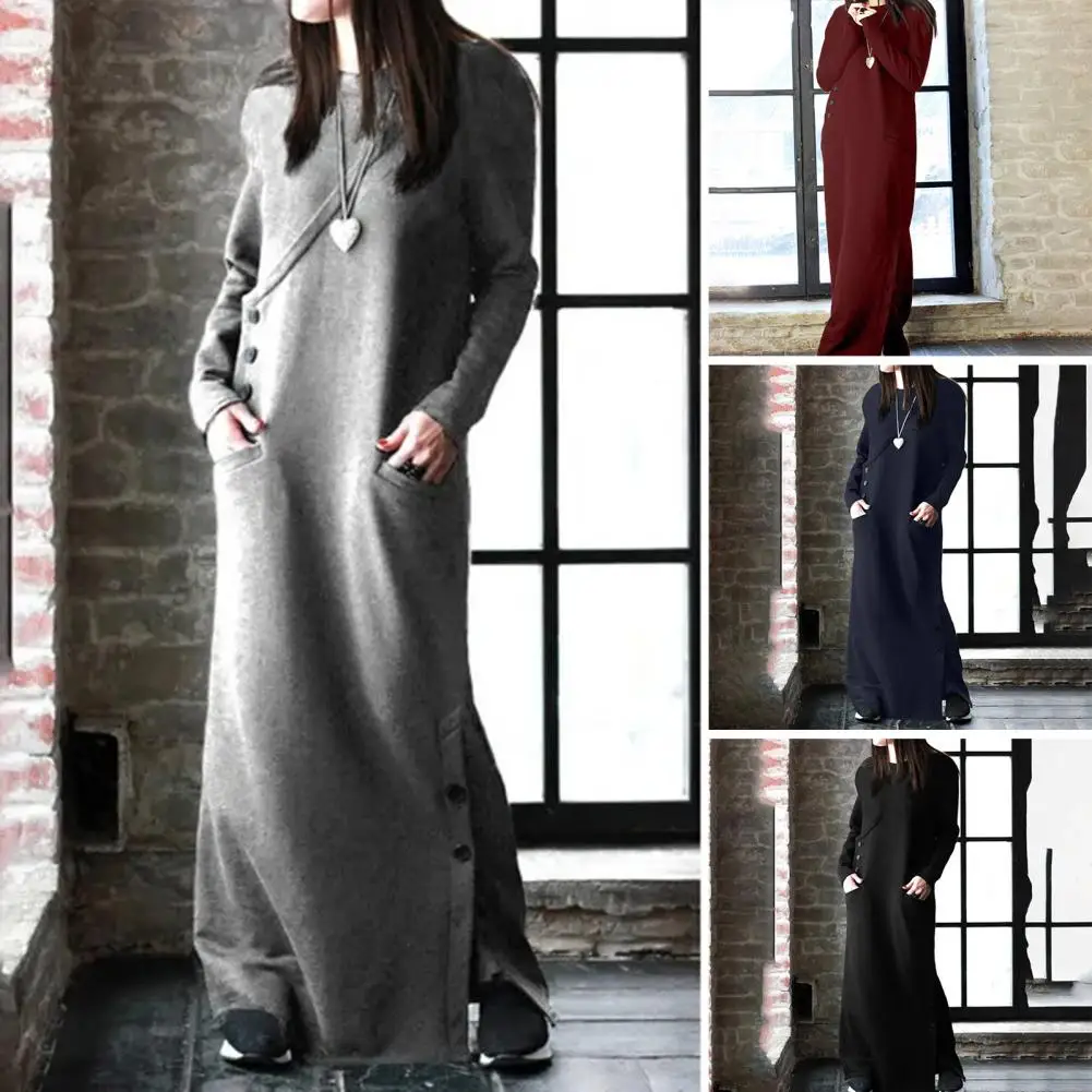 

Зимнее платье-свитшот с флисовой подкладкой, украшение на пуговицах, платье с длинным рукавом, платье-пуловер с круглым вырезом и карманами,...