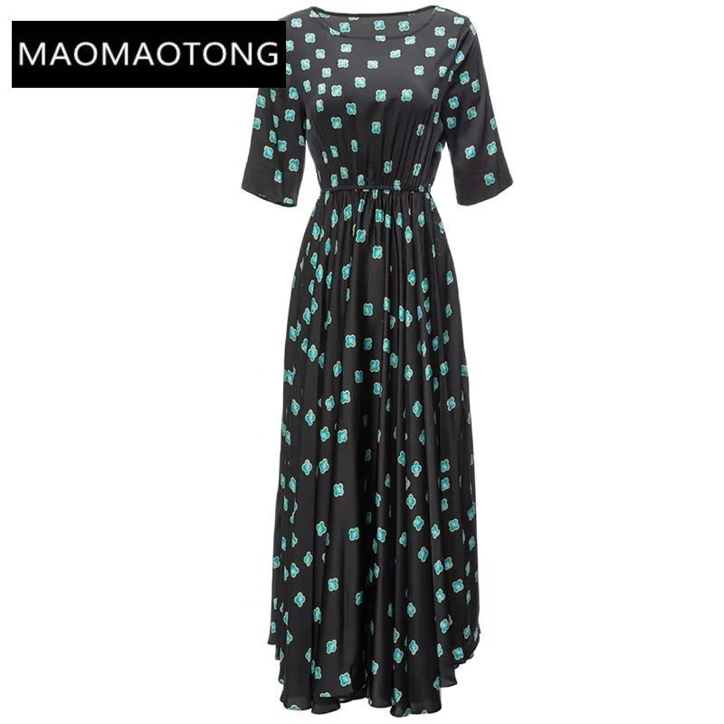 

Summer Dress Women O-Neck Short Sleeve Flower Print Elastic Waist High Street Midi Dresses For Women 2023 Runway Luxury Brand