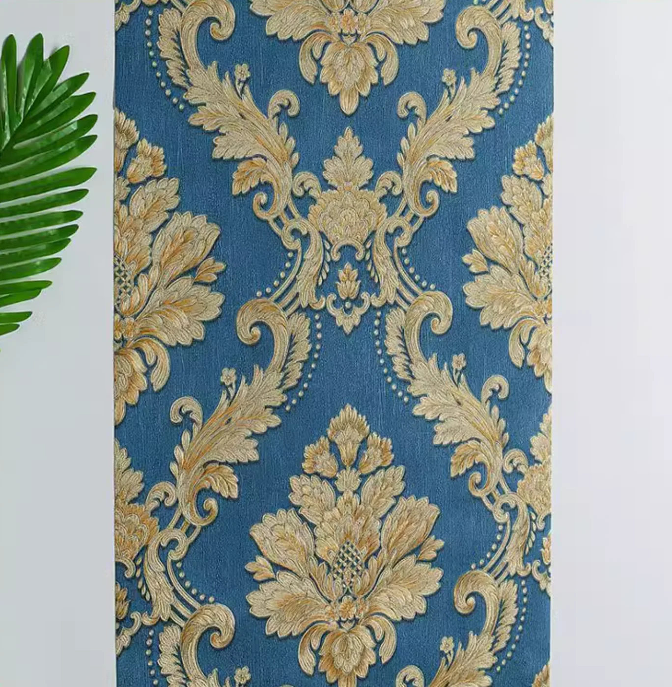 

Size：9.5x0.53meter 3D relief European style Golden Flower Blue wallpaper home and hotel wallpaper
