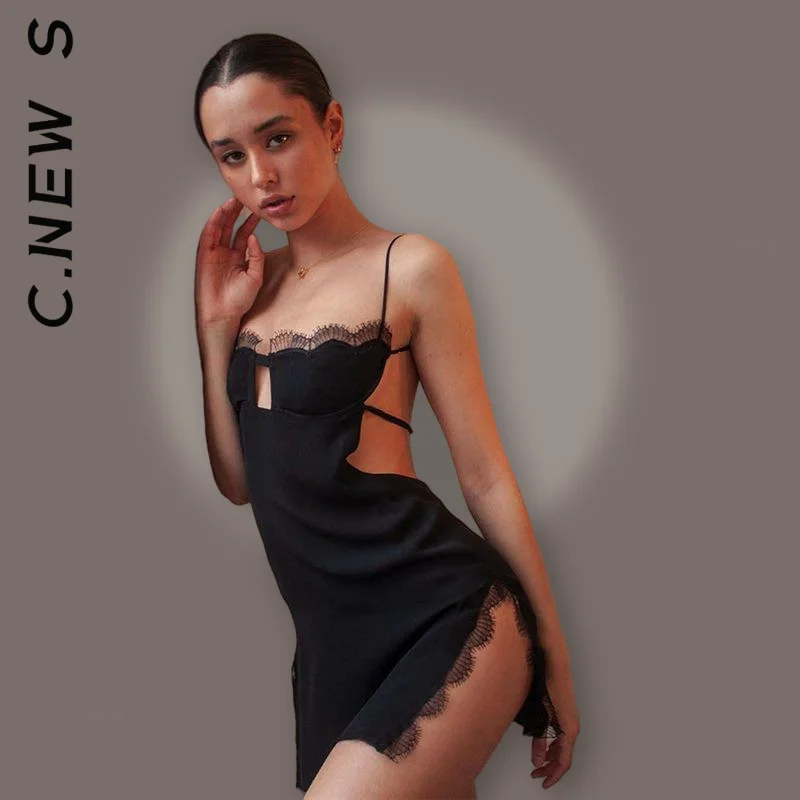 

Dress Fashion Women Spaghetti Strap Hollow Out Halter Black Lace Up Slim Sexy Mini Dress Holiday Elegant Woman Clothes Vestidos
