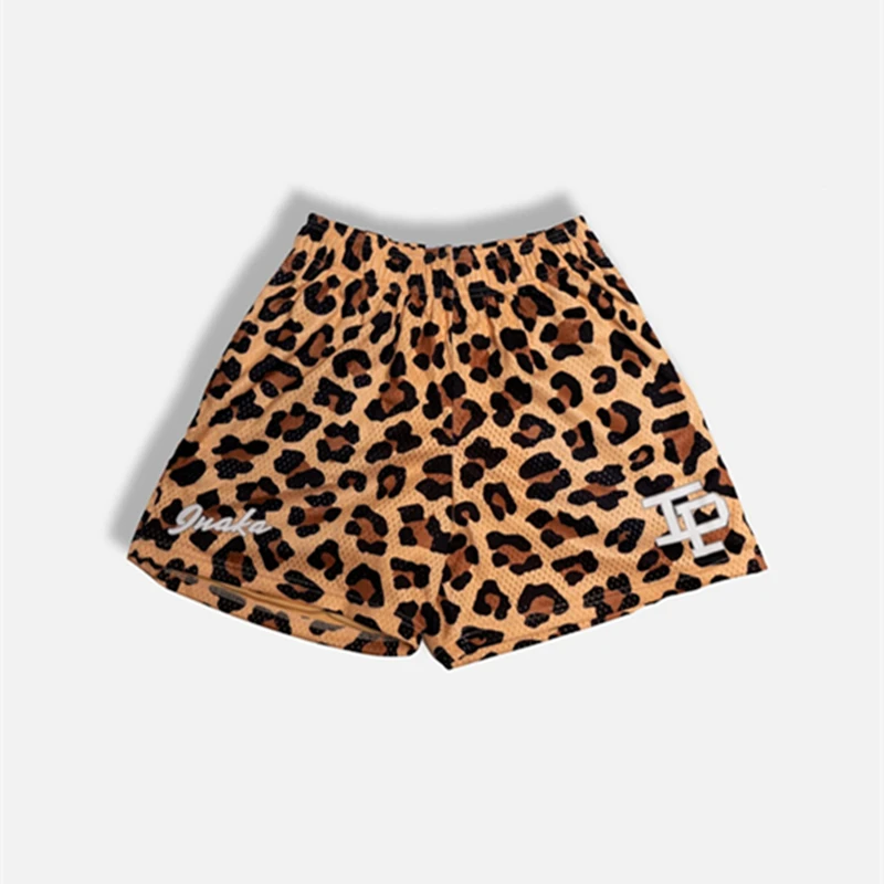 Pantalones cortos de malla con estampado de leopardo para hombre, ropa transpirable de secado rápido, con 4 puntos de baloncesto, estilo americano