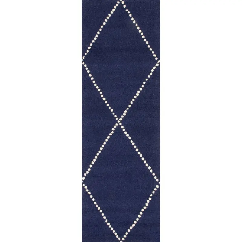 

Shimmering Diamond Trellis Wool Navy Runner Rug, 2' x 6' - Perfect for a Powder Room, Practical and Stylish.