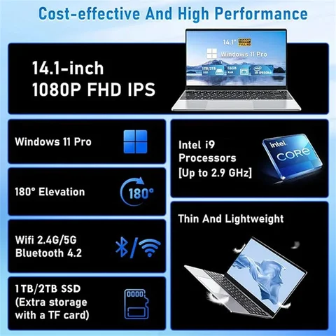 Новый ноутбук Intel Core i9 8950HK Windows 11, 16 ГБ ОЗУ, 2 ТБ SSD, портативные ноутбуки 1920*1080P, 14,1-дюймовый игровой ноутбук для офиса и учебы