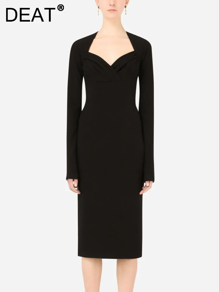 

[DEAT] Fashion New Women's Slim Zipper Evening Party Dress Long Sleeve Elegant Solid Color Dresses Female 2023 Spring 13DB280