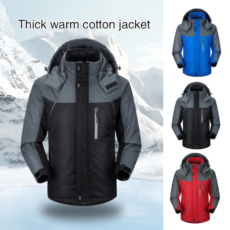 Men's Jacket Winter Thickened Warm Ski Waterproof Hooded Jacket Outdoor Camping Color Block Thick Zipper Windproof Parker Coat