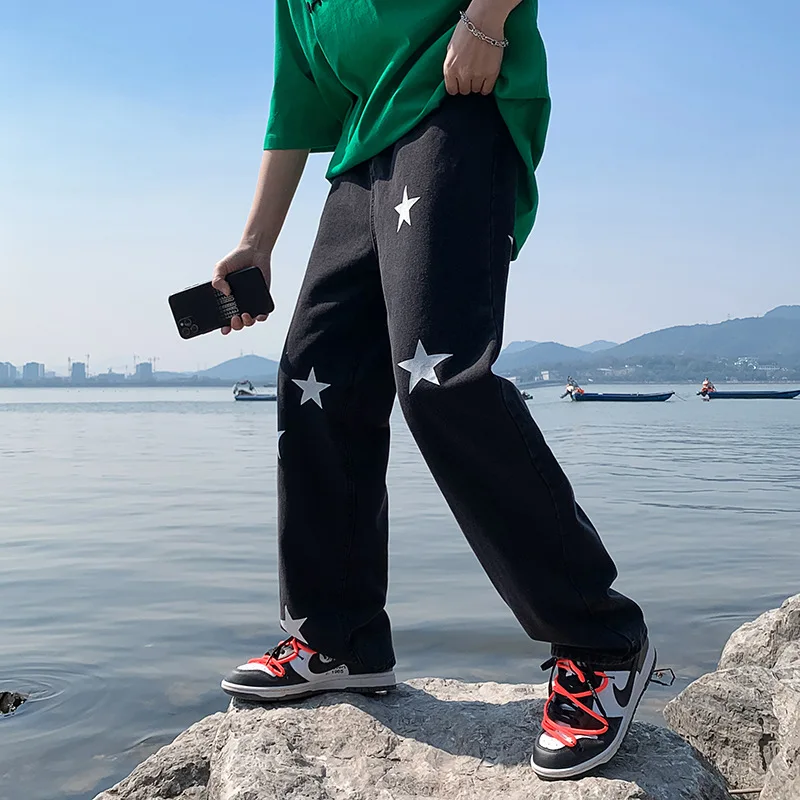 Printed Jeans Men's Spring Loose Casual Fashionable Ins Personalized High Street Straight Hip Hop Wide-Leg Trousers