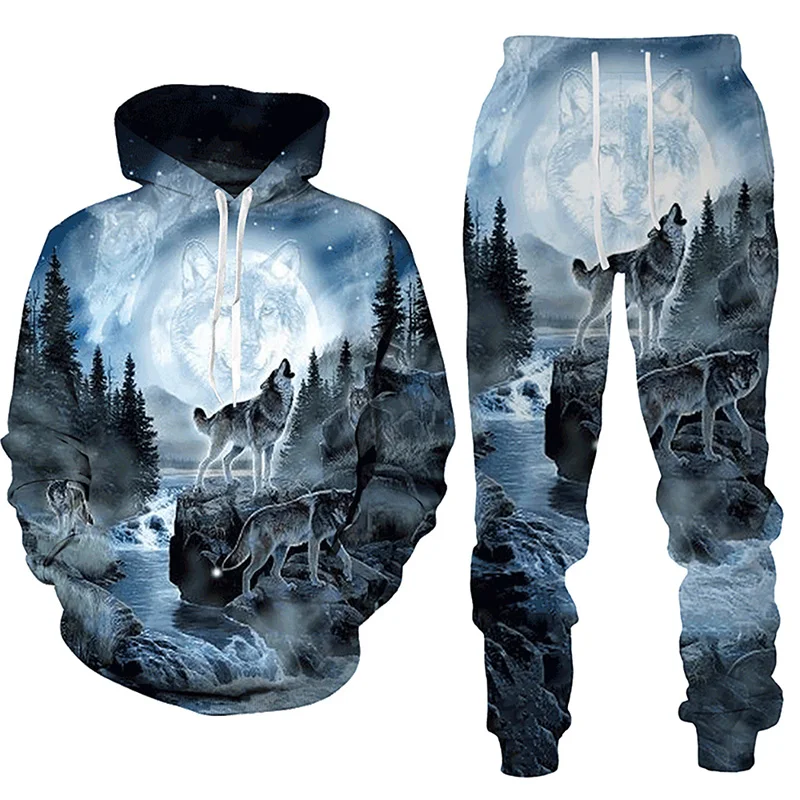 Forest Wolf 3d Printed Hoodie Suit Male Autumn Winter Casual Sweashirts Sweatpants Men Tracksuit Set Fashion Men Clothing Suit