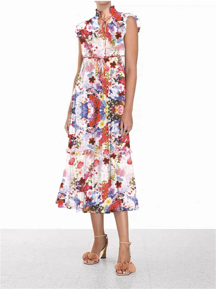 COIGARSAM Floral Chiffon Women 2023 New Fashion Print V Neck Sleeveless Summer Dresses Vintage Elegant Casual Dress