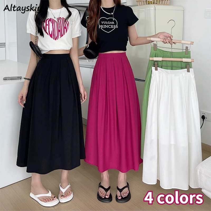 

Pleated Skirts Women Simple Folds High Waist Harajuku Basic All-match Retro Elegant Girlish Kawaii Chic Korean Style Mujer Young