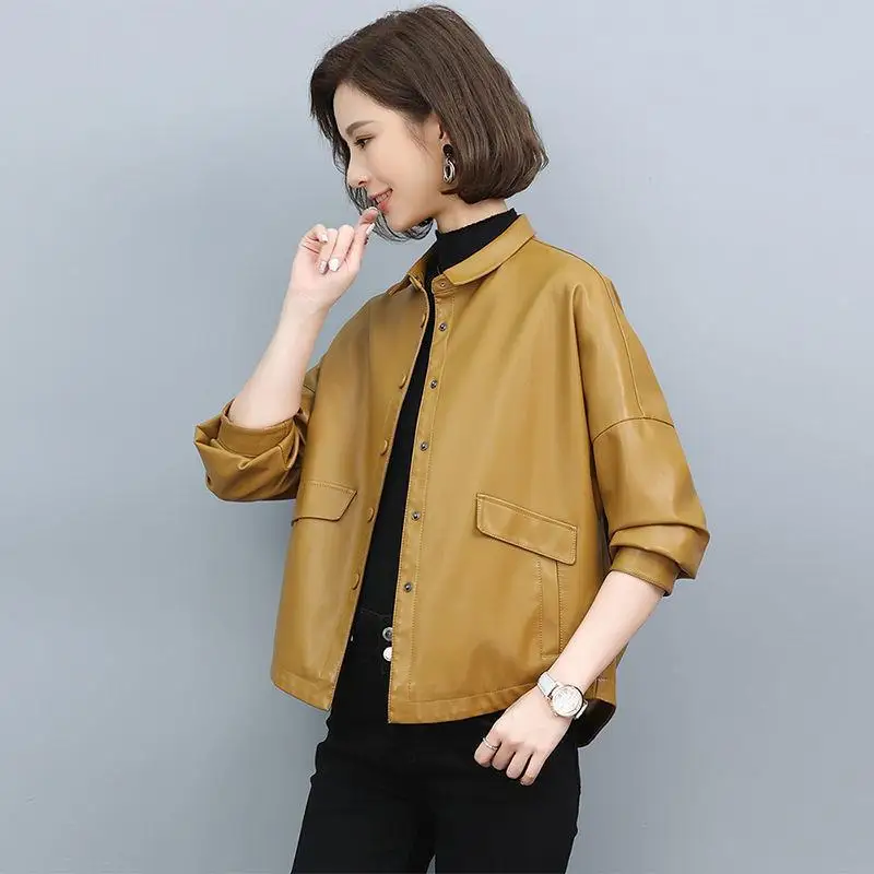 Leather Coat Women's Short 2022 Spring  Autumn Korean Casual Loose Coat Women Basic Botton Short Leather Clothes Elegant Lady