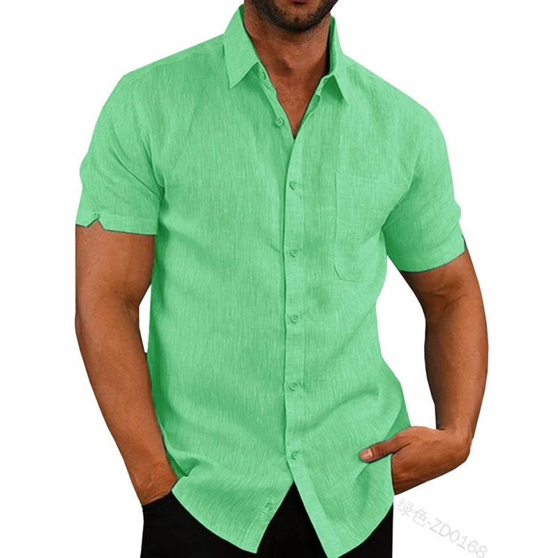 Summer Shirt Top Men Pocket Patchwork Stand Collar Shirt Men Short Sleeve Loose Cardigan Single-Breasted Turn-down Collar Shirt