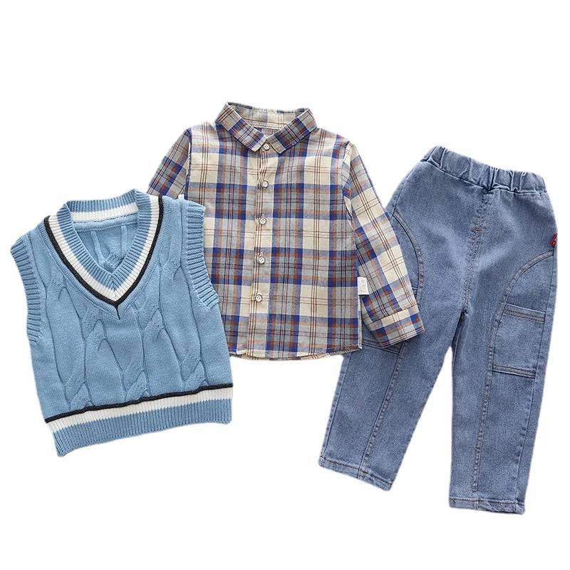 

Children Outfits Baby Boys Clothing Sets 2022 Spring Toddler Infant Knitted Vest Plaid Shirt Pants 3 Pieces Suit Kids Clothes