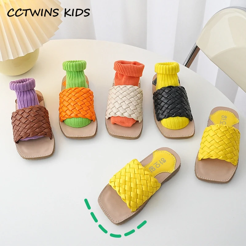 

Kids Slides 2022 Summer Toddler Flats Girls Fashion Brand Beach Sandals Colorful Dress Slippers Weave Soft Sole Black Baby Shoes