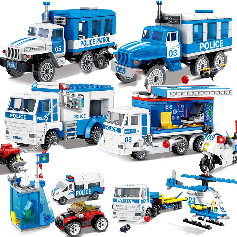 

City Police Chase Truck Car Mobile Prison Heilicopter Motorcycle Kits Patrol Station Sets Building Blocks Toy For Children