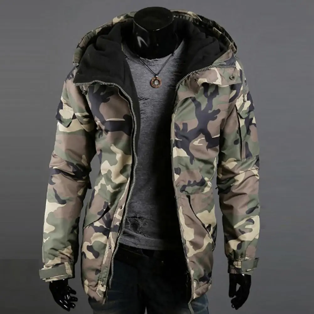 

Stylish Portable Men Coat Hooded Camouflage Garment Jacket Warm Military Style Men Print with Pocket Outer Wear for Dating
