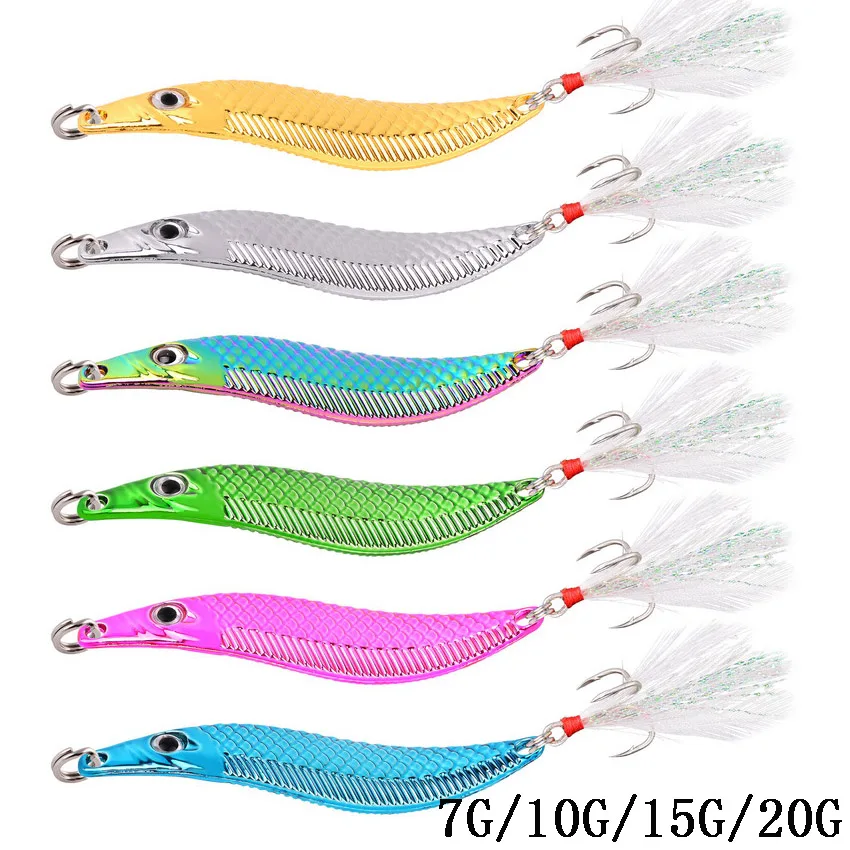 

20G 15G 10G 7G Metal VIB Leech Spinners Spoon Lures Artificial Bait With Feather Hook Night Fishing Tackle for Bass Pike Perch