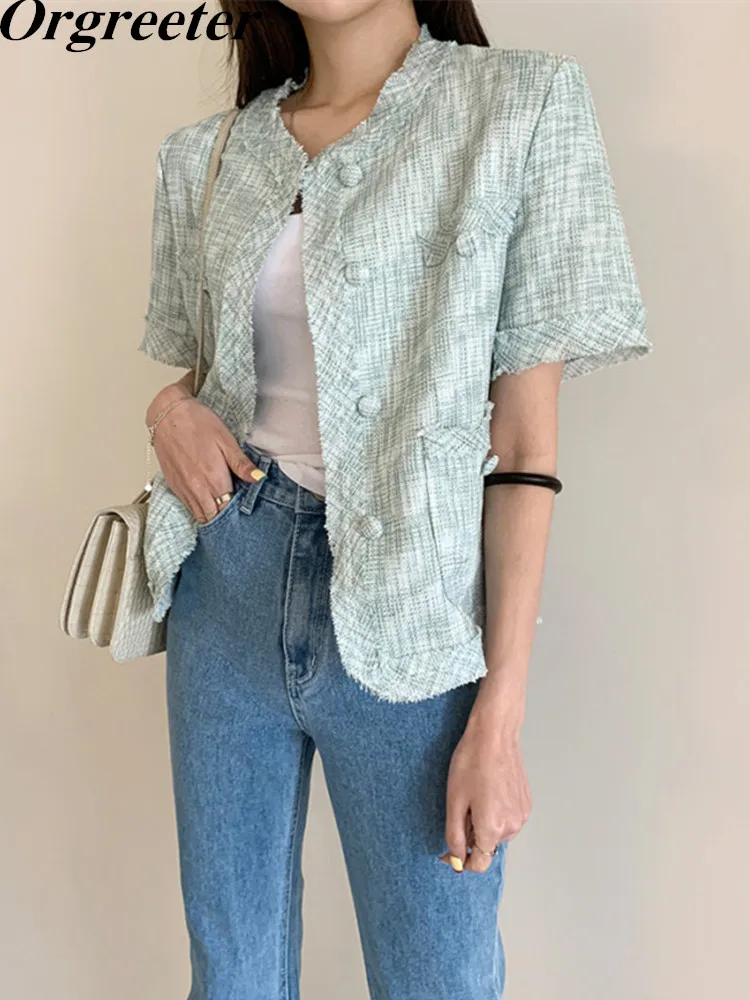 

Summer Korean FashionWomen's Tweed Jacket Retro O-neck Single-breasted Short Sleeve Tassel Thin Woolen Cardigan Outwear Tops