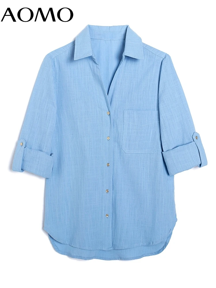 

AOMO Women Vintage Blue Cotton Shirt Long Sleeve 2022 Chic Female High Street Loose Shirt 6H89A