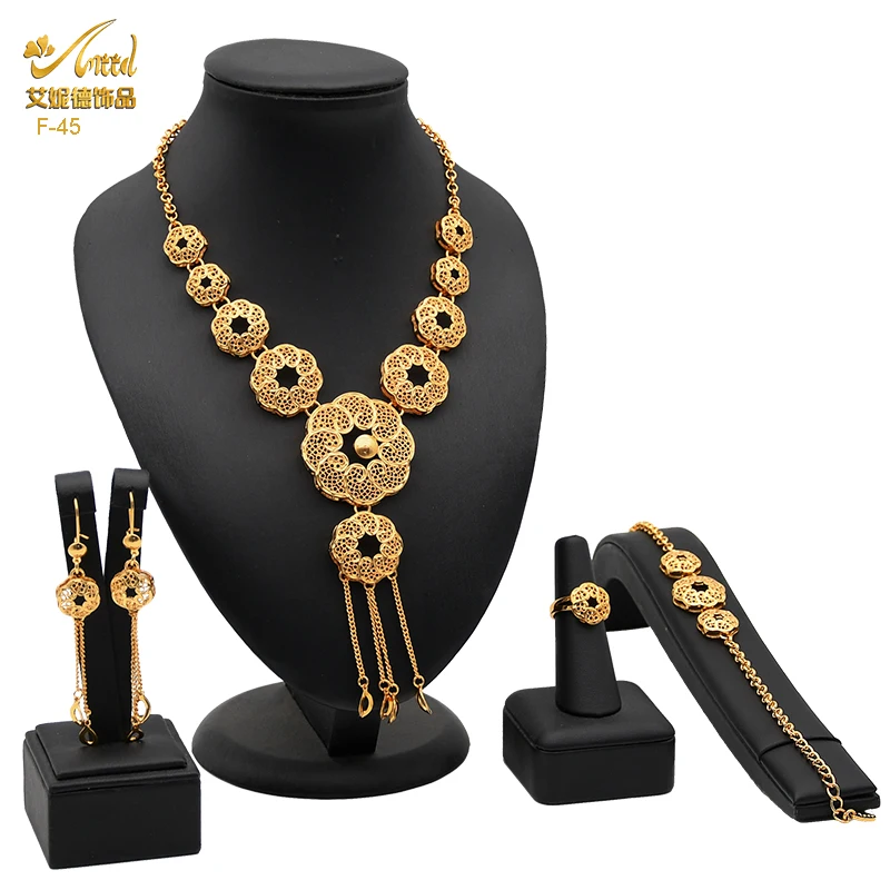 

Dubai Wedding Jewelry Sets For Women African Trendy Necklace Earrings Bracelets Rings Set Nigerian Gold Color Luxury Jewellery