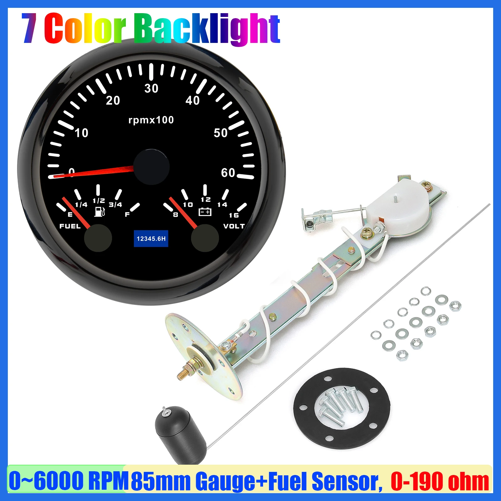 

Многофункциональный датчик 85 мм, тахометр 3 в 1 + датчик уровня топлива + напряжение с датчиком 0-190 Ом для автомобиля, лодки, яхты, водонепроницаемый 7 цветов