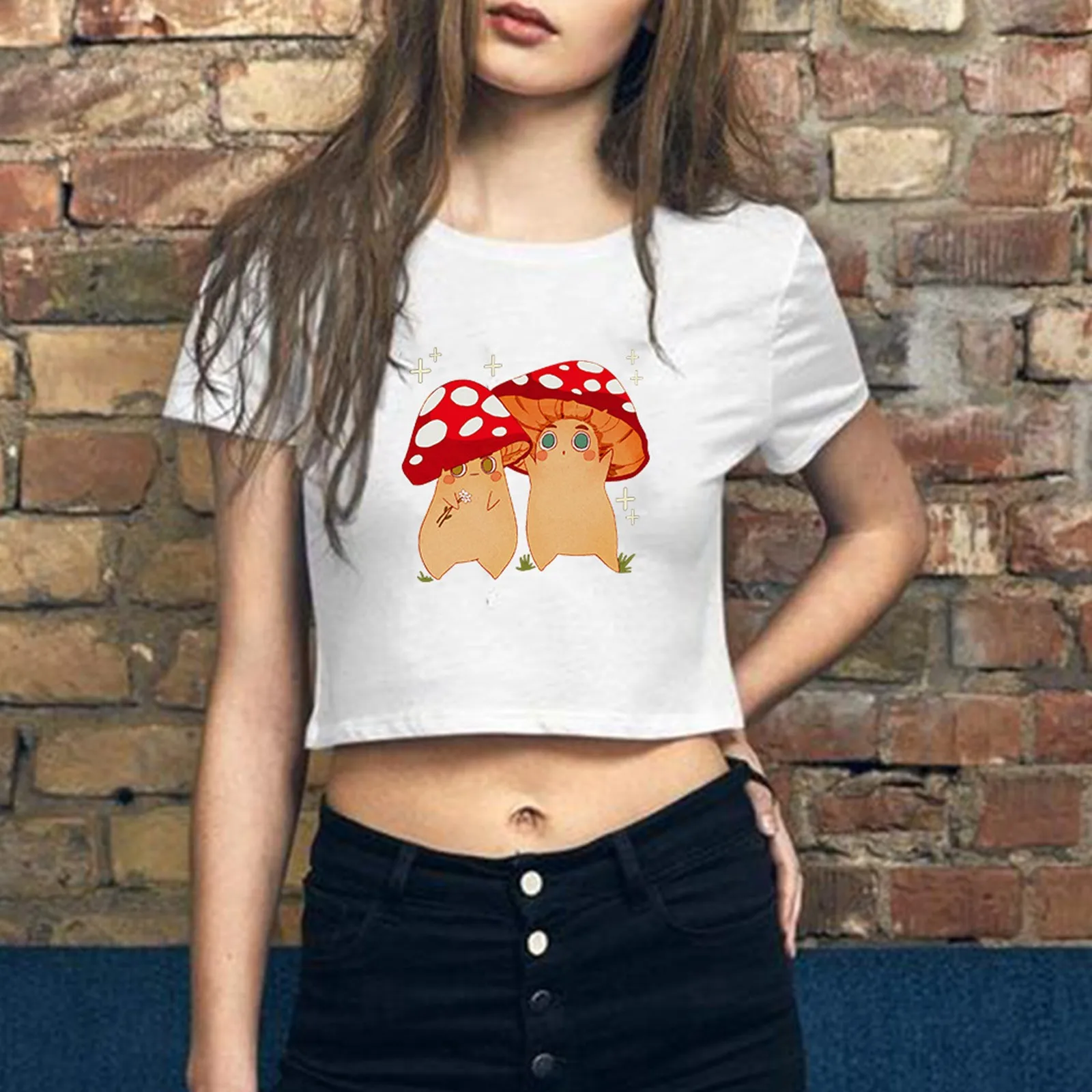 

Women Cute Mushroom Pattern Crop Tops Short Sleeve T Shirt Kawaii 90s Fashion T-shirts For Woman Y2k Clothes Футболки Женские
