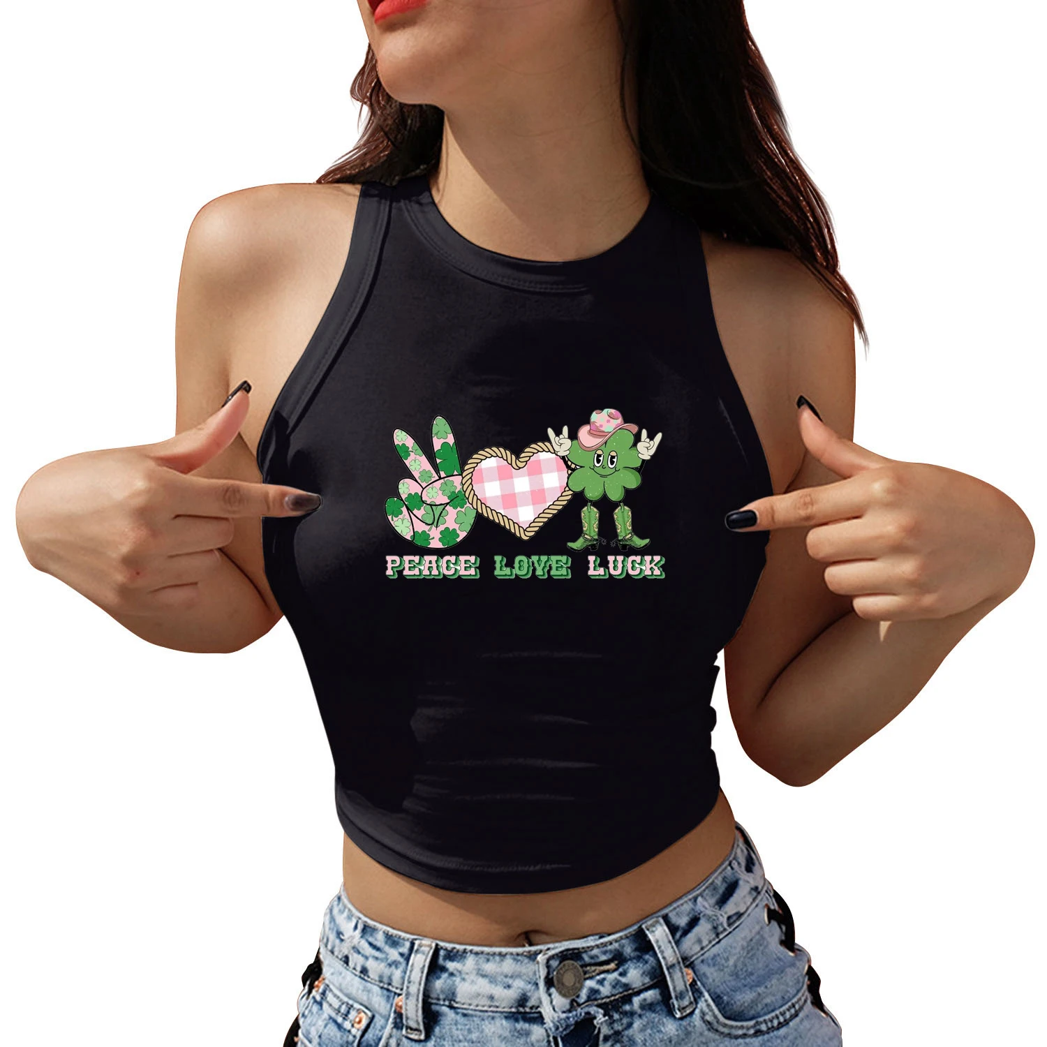 Saint Patrick's Day Lucky Love Printed Crop Tops for Women Sleeveless Shirt Summer Harajuku Female Casual Y2K Tank