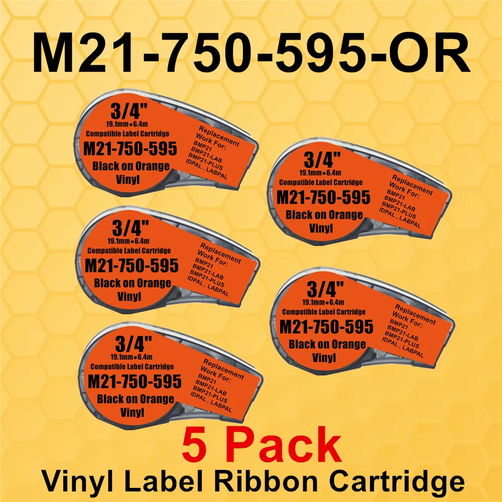 Nastro a cartuccia per etichette in vinile 5PK M21 750 595 nero su arancione, bianco su blu, nero su rosso per l'etichettatura della stampante BMP21 PLUS, BMP21-LAB