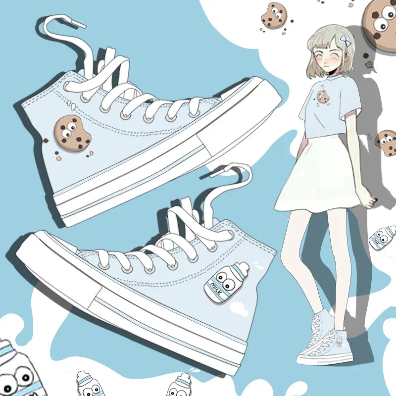 

Cute Chic Light Blue Print Female Canvas Shoes Students Girls High Top Casual Sneakers Women Fashion Breathable Vulcanize Shoes