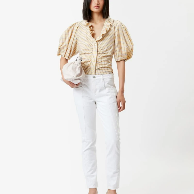 

2023 Spring and Summer Temperament Plaid Print Ruffled V-neck Single-breasted Ladies Bubble Short-sleeved Shirt
