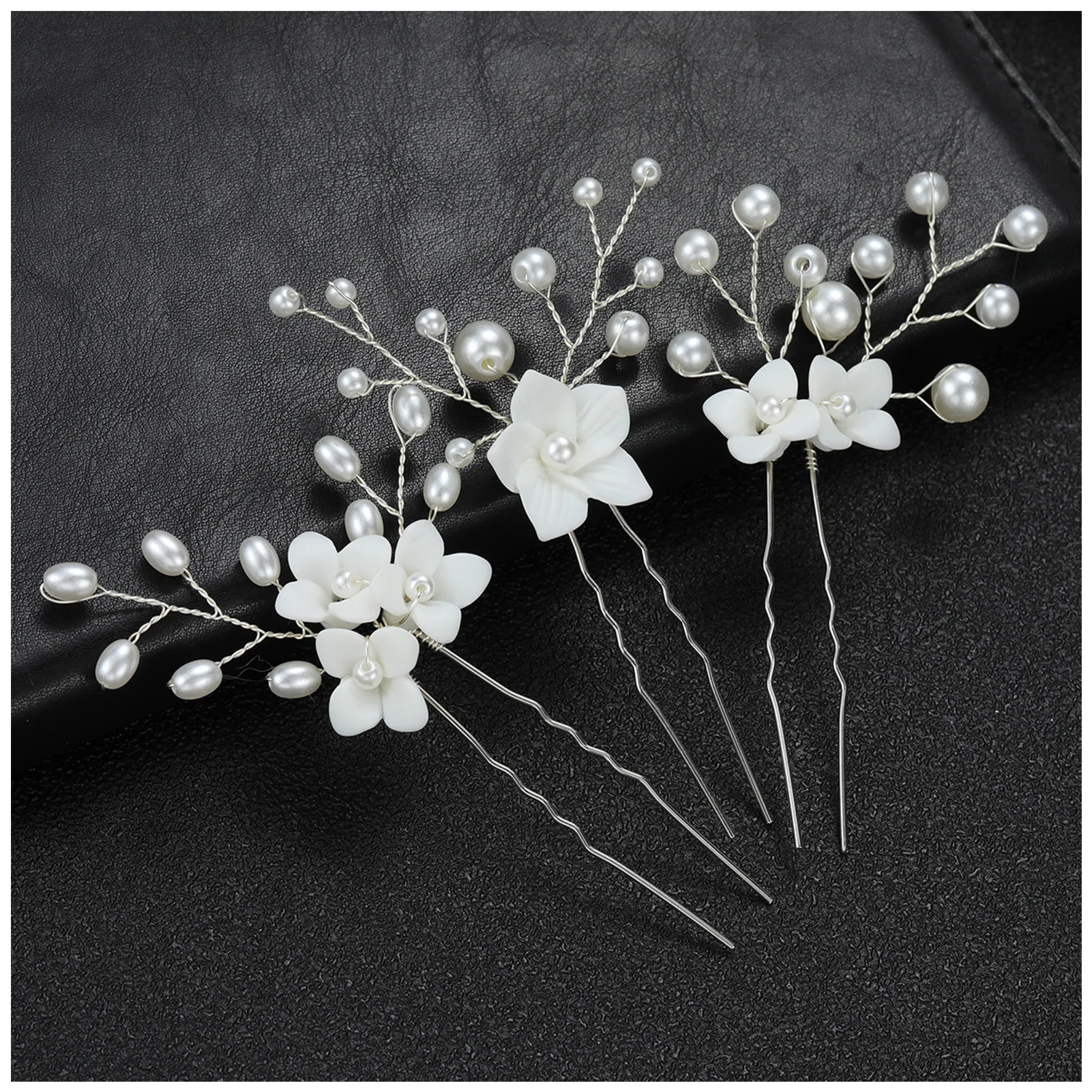 

Buns Waved U-shaped Hair Pins 3pcs Wedding Ceramic Flower Hair Accessory with Pearls for Thin Thick Hair Hairstyle Chignon FS99