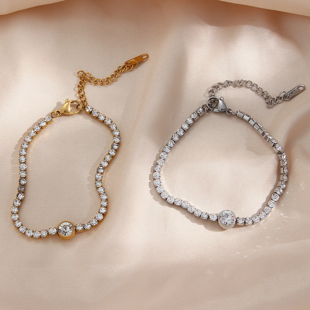 

Trendy 18K Gold Plated Round Zirconia Stone Tennis Bracelets for Women Girls High Quality Waterproof Bracelets Daily Jewelry