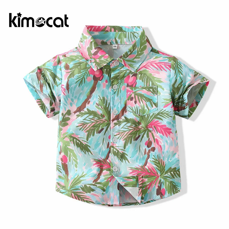 

Kimocat Boys Shirts Tropical Beach Print Tops Hawaiian European Style Children's Short Sleeve Shirts Summer Youth Clothes