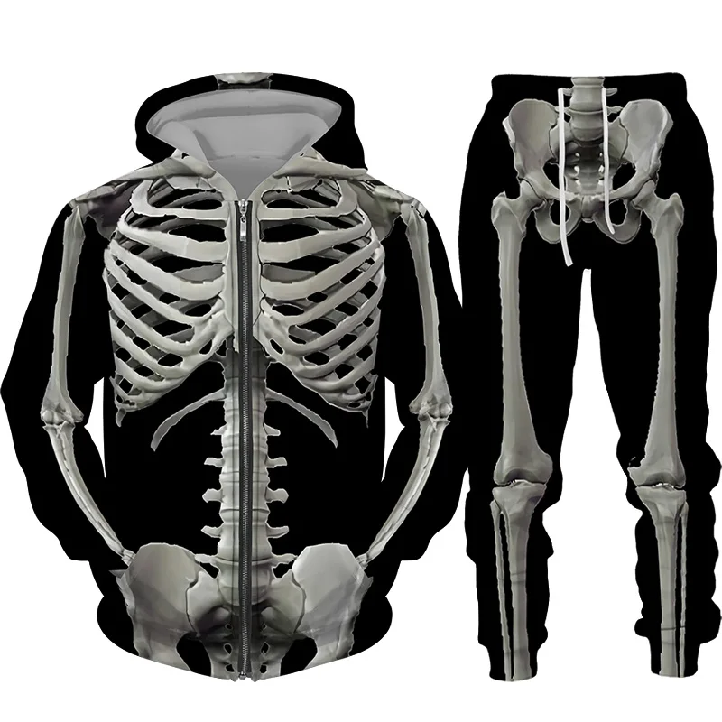 Halloween Costumes Skeleton Hip Hop Hooded Sweatshirt Suit Men/Women 3D Print Jacket Halloween Streetwear Pullovers 2pc Sets